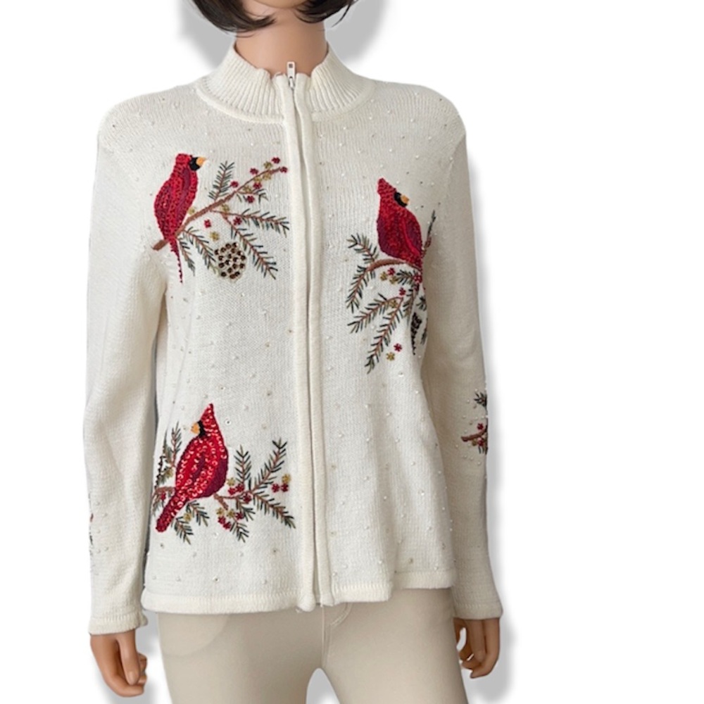 Vintage Tiara International Cardinal Cardigan Handknit, Pearl & Sequin Detail